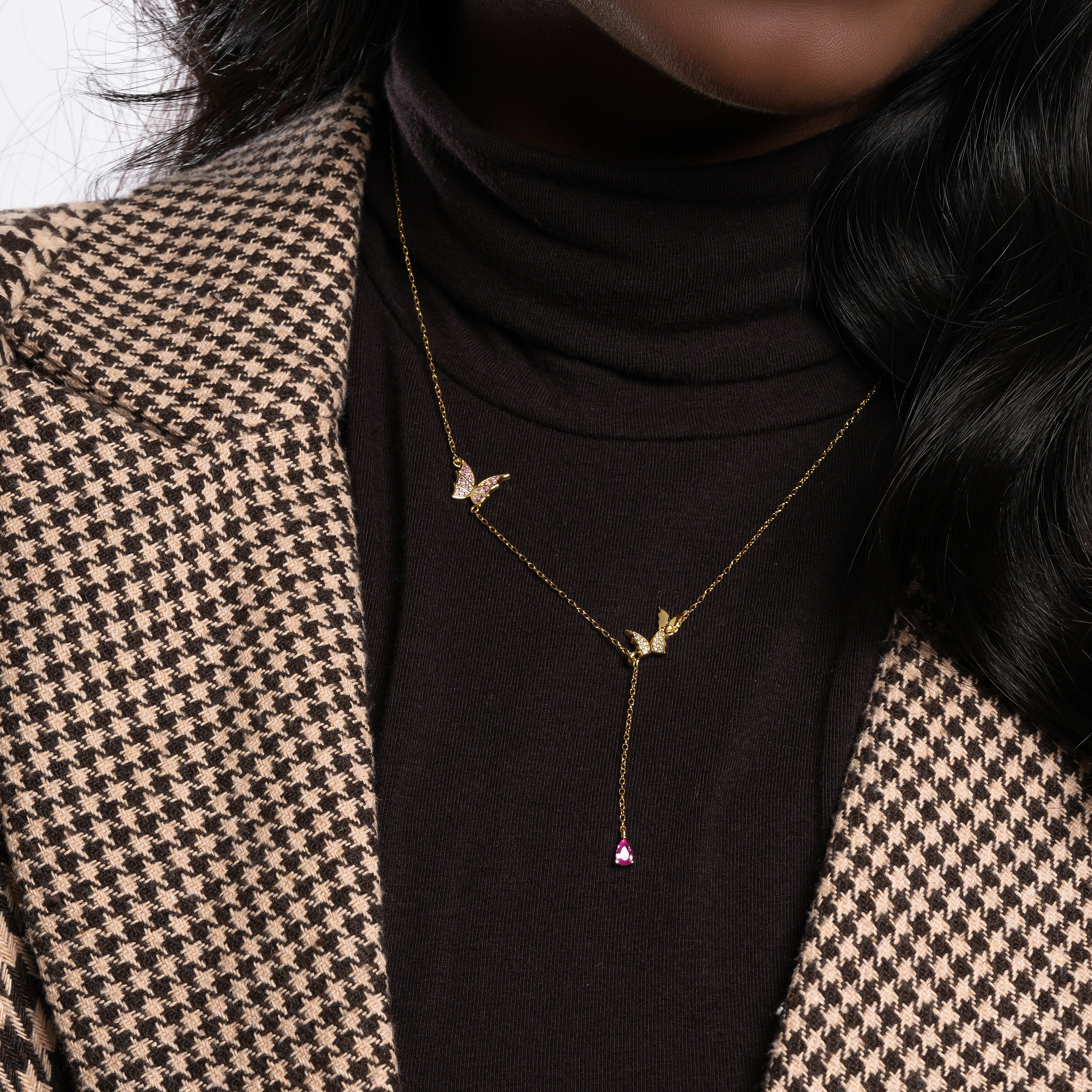 Two Sided Butterfly Pendant Necklace with Purple CZ Stone